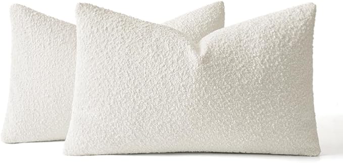 MIULEE 12x20 Inch Decorative Lumbar Pillow Covers for Couch Bed Set of 2 Textured Boucle Neutral Throw Pillow Covers Cream White Accent Solid Pillowcases Sofa Living Room Home Decor