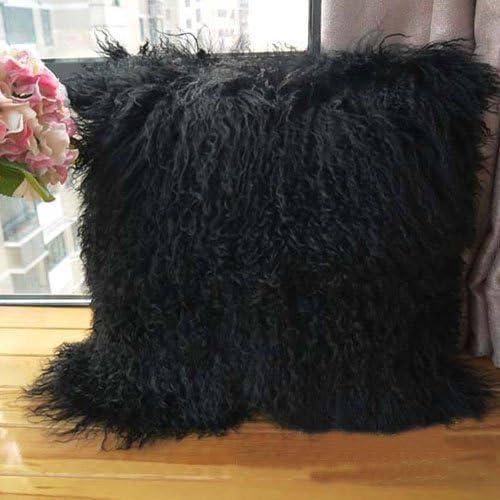 Black Mongolian Lamb Fur Pillow Cover Luxurious Sheep Skin Cushion Cover Soft Plush Fur Pillow Case Home Decorative Square Throw Pillow cover Plain Wool Pillow Protector 16 X 16 Inch Bedroom