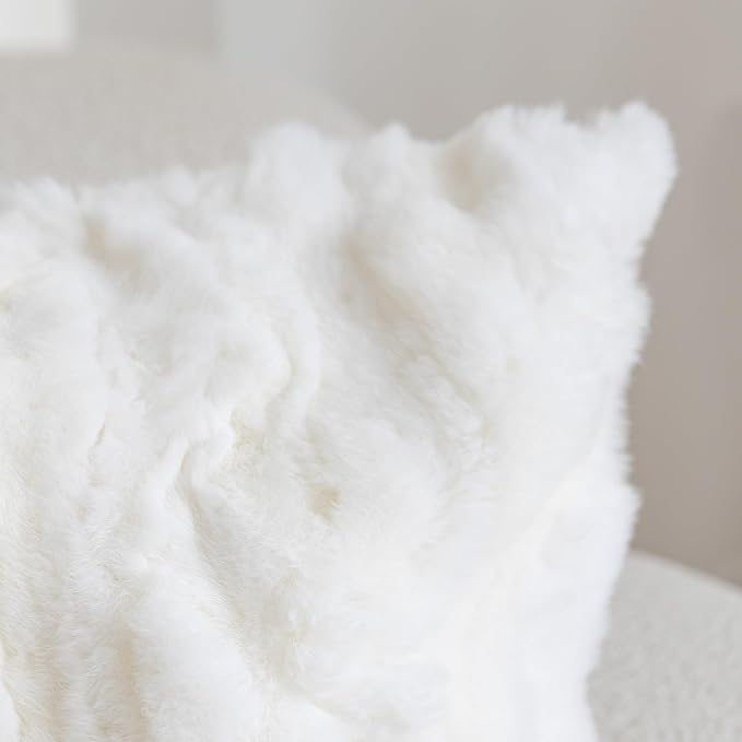 Genuine Rabbit Fur Throw Pillow Covers Set of 2,Luxury Decorative Pillowcases Soft Fluffy Animal Skin Accents Bolster Cushion Cover for Couch Sofa Bedroom Living Room Home,12x20inch,White