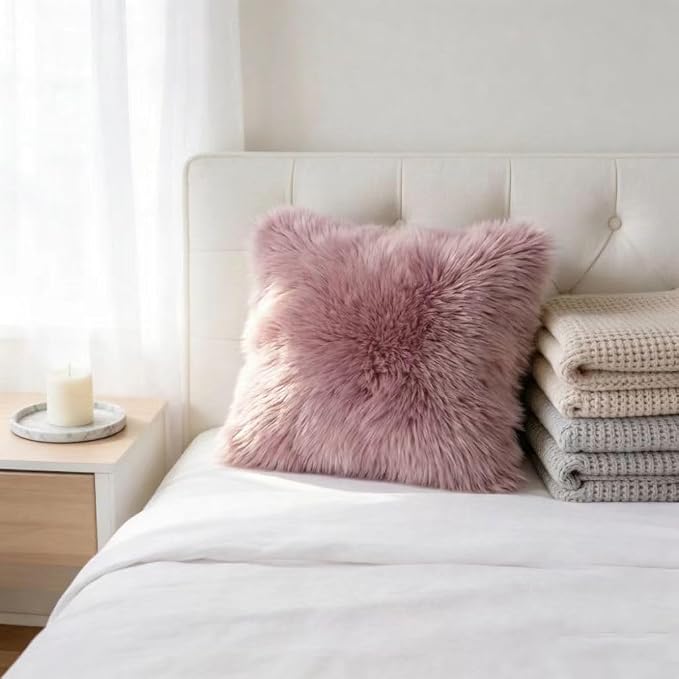 Luxury Soft Fur Sheepskin Fleece Cushion Cover Pillowcase Decorative Throw Pillows Covers, No Pillow Insert, 1pc (Peachy-Pink, 18"×18")