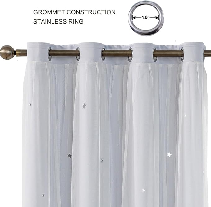FANLI Ombre Rainbow Blackout Curtains for Kid Girls Bedroom Living Room Darking Stripe Double Layer Star Cut Out Wall Home Decor Gradient Grommet Window Curtains (Greywish White 72)