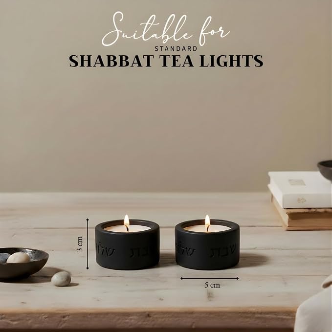 SURI Concrete Shabbat Candle Holders in Black | Jewish Judaica Gift Set with Modern Shabbat Candle Holders | Tall & Short, Ideal Shabbat Set for Tea Lights (Tealights not Included)
