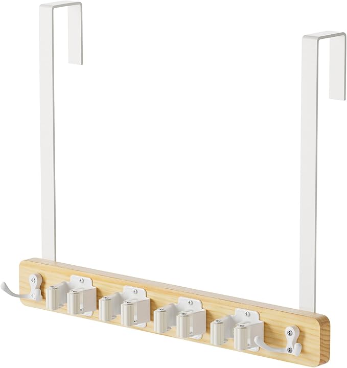 Mop and Broom Holder Wall Mount, No Drill Over the Door Broom and Mop Holder with 4 Slots and 4 Hooks, Wood Tool Hanger for Laundry, Cabinet, Kitchen, Garage