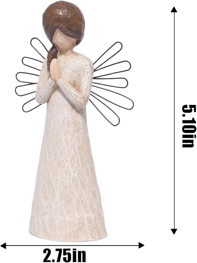 Hodao Praying Angel Figurine, 5.1in Hand-Painted Resin, Rustic Wood-Carved Look with Metal Wire Wings, Small Tabletop Decor for Home Indoor, Spiritual Figurines & Ornaments, Sympathy Gift