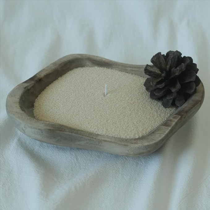 GrusoSP Reusable Wooden Dough Bowl Candle with 18 Oz Pearled Candle Sand and 30 Wicks Unscented Palm Sand Wax Refillable Powder Candles DIY Wax Making Kit (Nude)