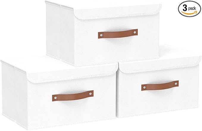 Yawinhe SNK018WL-S Set of 3 Foldable Storage Boxes with Lids for Towels, Clothes, 33 x 23 x 20 cm, White,