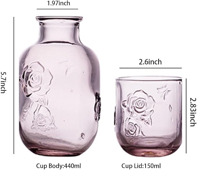 Pink Rose Flower Vintage Bedside Water Carafe and Glass Set, 15 oz Clear Glass Water Carafe with Tumbler for Bedroom Nightstand, Fruit Juice Milk Carafes, Mouthwash Decanter for Bathroom