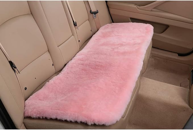 OGLAND Fuzzy Genuine Sheepskin Car Rear Seat Cover for Women Kids Dogs Pets Auto Bench Back Cushion Interior Accessories with Soft Fluffy Wool Natural Fur, Pink