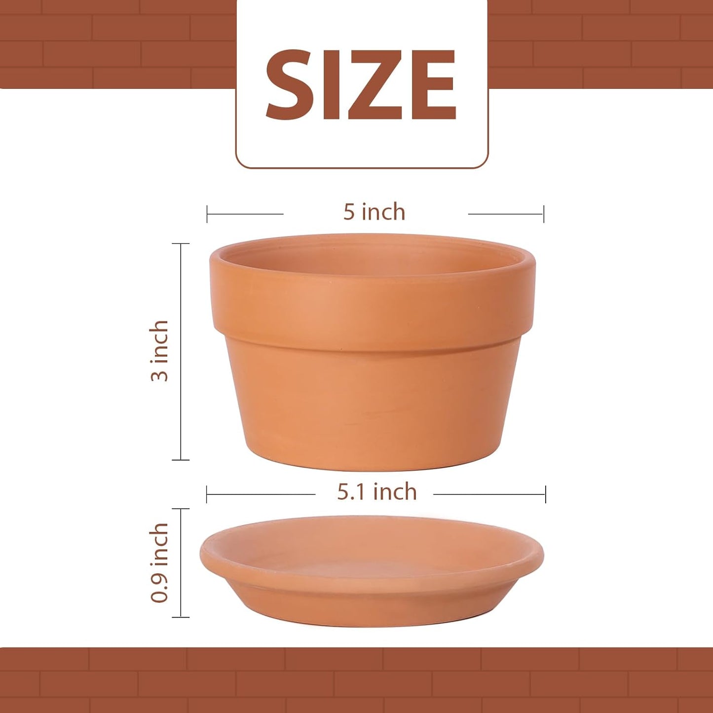 INGOFIN 5 Inch Terracotta Shallow Pots Set with Saucer - Ceramic Clay Pots with Drainage Hole, Terra Cotta for Plants for Indoor Outdoor Plants, Set of 6
