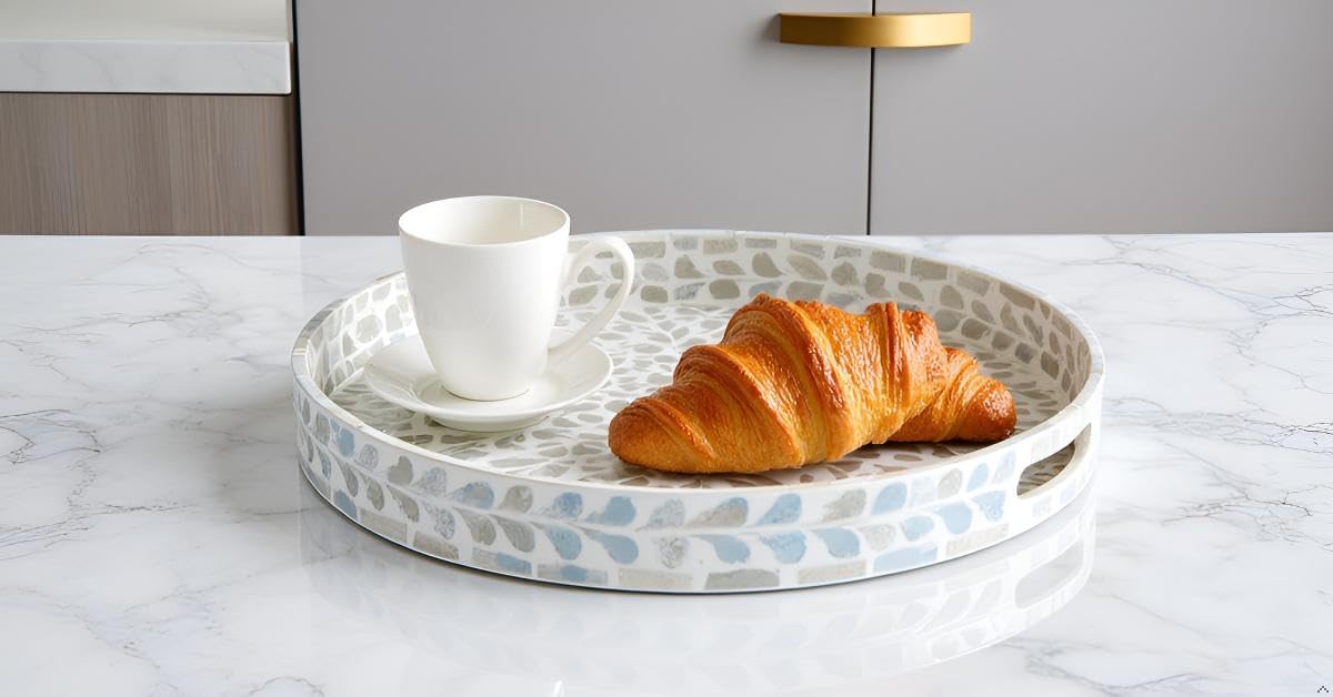 CLAYNIX Serving Tray 12.5 Inch, Lacquer Mother of Pearl Inlay Mosaic Tray, Round Wooden Marble Tray with Handles Trays for Tea, Breakfast (White)