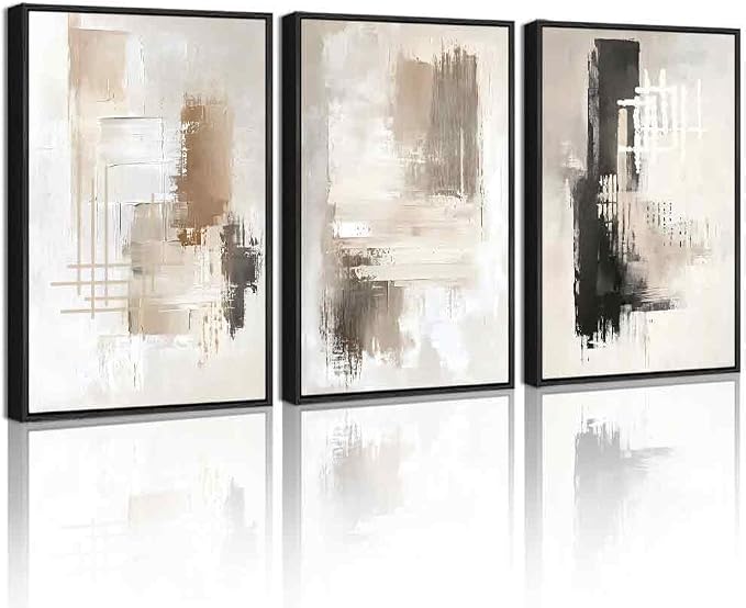 PHOPAGO Abstract Framed Wall Art Mid Century Modern Minimalist Beige Pastel Watercolor Neutral Wall Decor for Living Room Bedroom - 12x16in Black Framed