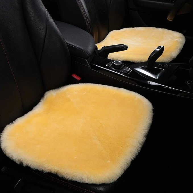 OGLAND Fuzzy Genuine Sheepskin Car Seat Cover for Auto Seat Cushion Pad Interior Accessories with Soft Fluffy Wool Natural Fur (Golden Yellow, Front)