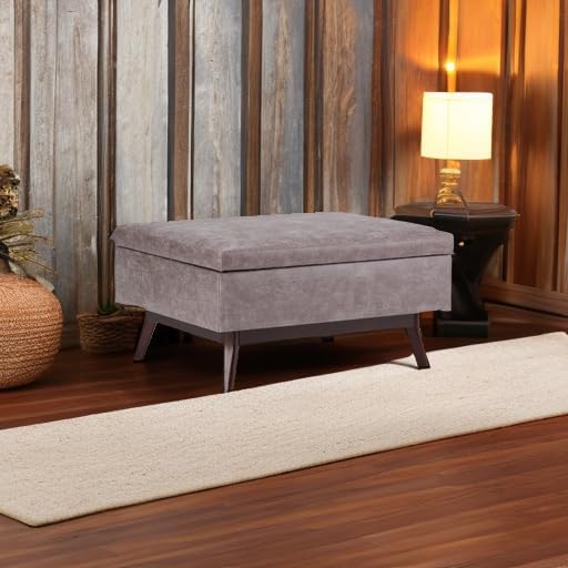 SIMPLIHOME Owen Coffee Table Storage Ottoman - 34" Wide x 19" High Upholstered Vegan Leather Rectangular Lift-Top Ottoman in Distressed Grey Taupe, Mid-Century Modern Bench with Tapered Legs