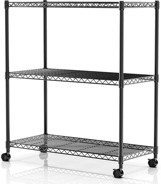 Simple Deluxe 3-Tier Heavy Duty Adjustable Storage Shelf with Wheels, 23.23”W x 13.39”D x 30.31”H, Mobile or Stationary Metal Shelving Unit, Easy Assembly for Kitchen, Pantry, Laundry Room, Black