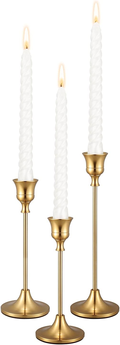 Gold Candlestick Holders Taper Candle Holder - Set of 3 Pcs Brass Gold Candle Stick Holder Centerpieces Decorations for Table, Mantel, Wedding, Dinning, Party(Candles not Include) | Aluminum Alloy, Brushed Plating, Rust Resistant, Non-Slip Base, 3 Size...