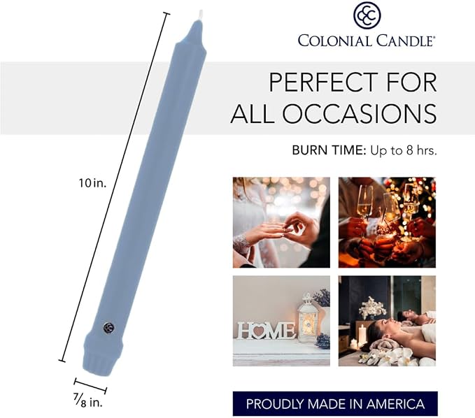 Colonial Candle Unscented Taper Candle, Classic Collection, Wedgewood, 10 in, Pack of 12 - Up to 8 Hours Burn