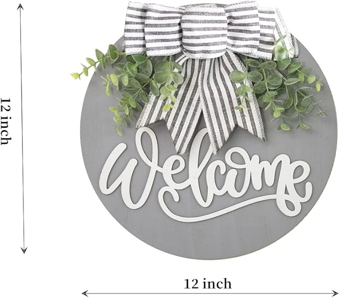 Welcome Sign for Front Door Wreath Decorations for All Seasons Front Porch Decor Hanging Gift for Farmhuose Home Outdoor Indoor (Gray-Welcome)