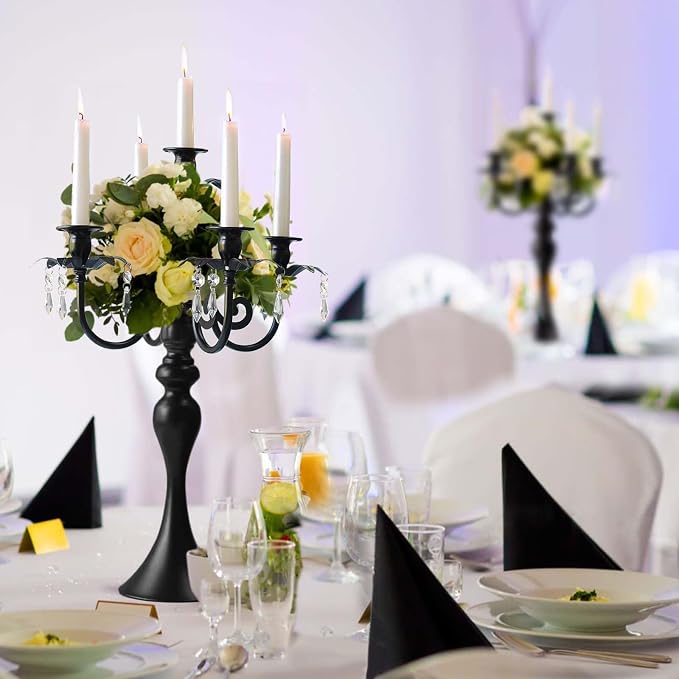 20''Tall Black Crystal Pendant Taper Candle Holders/Stylish Candle Stands/Candlesticks Holder/Candelabra for Home Decor, Weddings/Parties/Elegant Dining Table Centerpiece (2, Black)