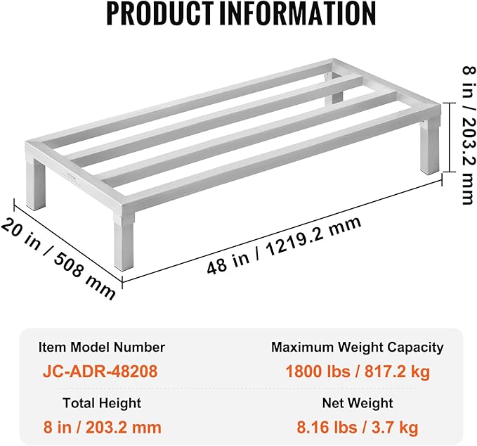 VEVOR Aluminum Dunnage Rack, 48” x 20” Commercial Food Floor Rack, 8” Off the Floor, 1800 lbs Capacity All-Welded Aluminum Storage Rack, for Storage in Restaurants, Kitchens, Garages and Vehicles