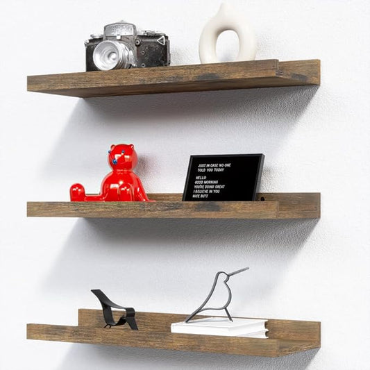 RICHER HOUSE 3 Set Floating Shelves for Wall Decor, 16 inches Wall Mounted Book Shelf, Nursery Shelves Picture Ledge Shelf with Lip for Storage, Bedroom, Living Room, Bathroom - Brown