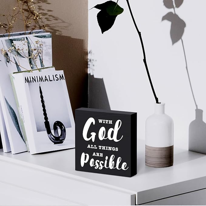 Motivational Christian Decor Wood Sign Religious Gifts Desk Decor Rustic Black Bible Verse Wooden Box Sign for Home Office Living Room Bedroom Shelf Counter Kitchen Table Centerpieces