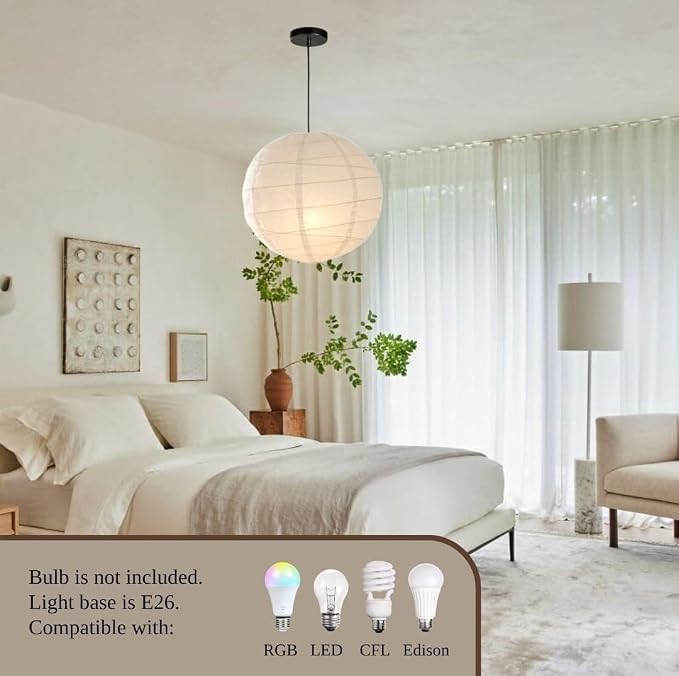 Nogy Japanese Style Lantern Pendant Light - Off White Round Handmade Rice Paper Lamp Shade with Cord Kit (Hardwired, 23.5 in)