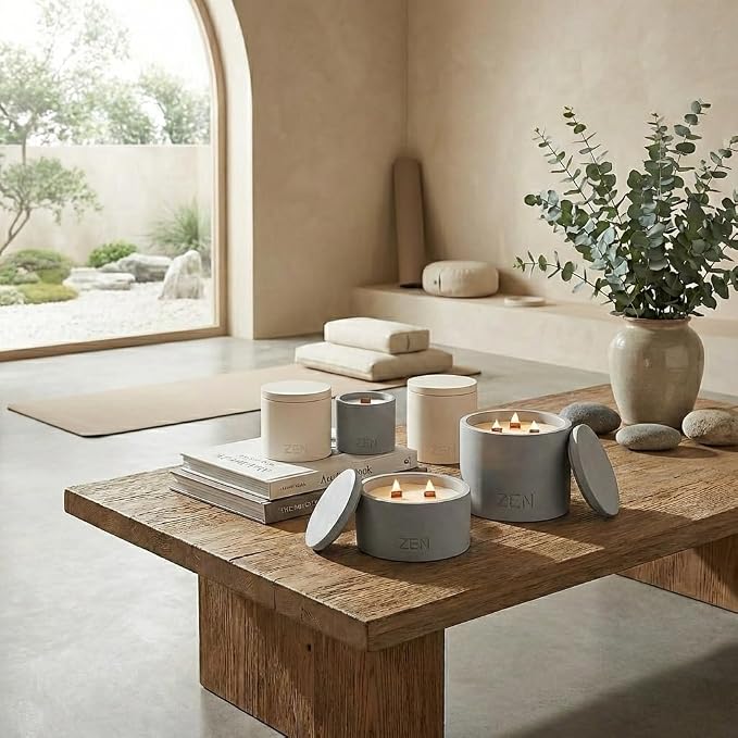 Zen Concrete Candle Lid – Cream Gray Minimalist Home Reusable Jar Plant Pot, Storage – (Gray, Small, Oud)