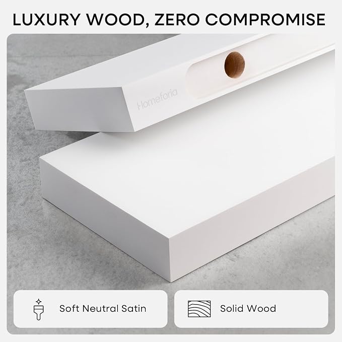 Homeforia White Floating Shelf 20 inch, High End Solid Real Wood 20inch Bathroom Floating Shelves for Wall Mounted, White Wooden 20in Floating Shelves, Heavy Duty Bracket, 20 X 6.5 X 1.75 in, Set of 4