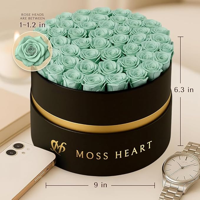 50 Petite Preserved Roses, Designer Round Box, Real Forever Roses Last 1+ Year, Premium Gift for Women, Wife, Girlfriend, Mother’s Day, Birthday, Anniversary, Valentine’s Day