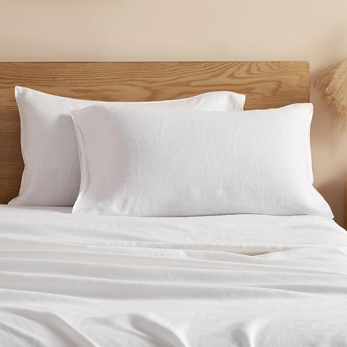 DAPU 100% Linen Pillowcases 20x30 Inches Pillow Cases (Pack of 2) with Envelope Closure, Stone Washed Breathable and Cooling (White, Queen)