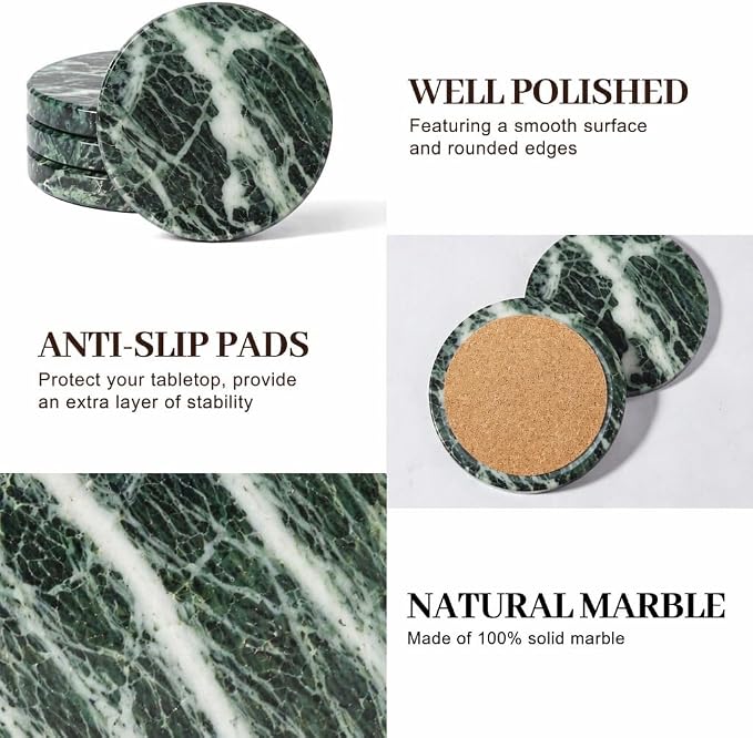 Koville Marble Coasters, Round Modern Coaster Set of 4 for Drinks, 4" Stone Coaster Heat Resistant, Decorative Marble Coasters for Coffee Table Home Bar Decor, Gift Choice(Verde Alpi)