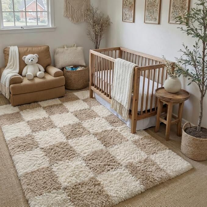 PureCozy Beige 4x6 Area Rugs for Kids Room Soft Shag Checkered Rug Modern Washable Indoor Office Fuzzy Carpet Non-Slip Fluffy Rugs for Bedroom Nursery Dorm Playroom Home Aesthetic Decor