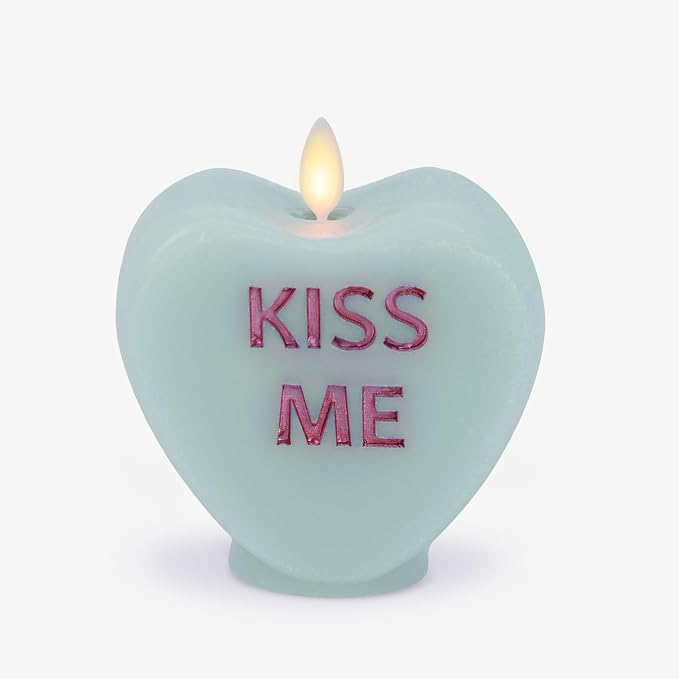 Luminara Candy Heart Kiss Me Fresh Mint Candle- Flameless Real-Flame Romantic Battery Operated LED Decor- Valentine's Day Collection- 3.5" x 4.5"