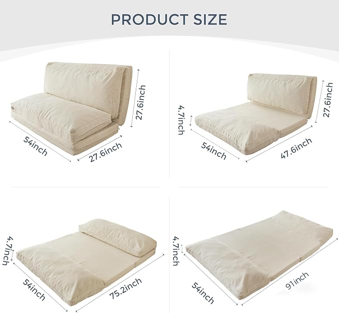 MAXYOYO Folding Sofa Bed, Extra Thick and Long Floor Sofa Convertible Chair with Washable Cover, Floor Couch Lounge Bean Bag Bed for Living Room, Beige, 54x91 Inch