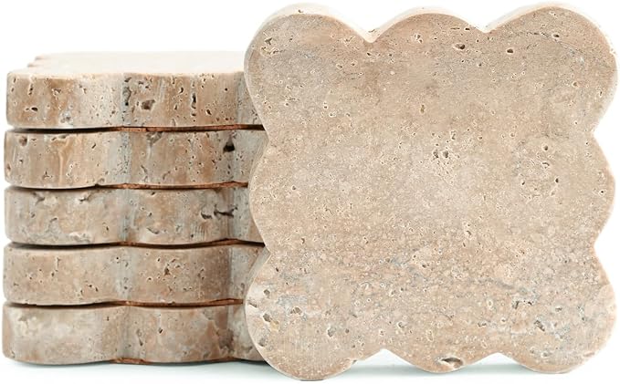Perilla Home Travertine Coaster Scalloped Square Coaster Travertine Set of 6 Length: 4" Width: 4" Thikness: 15mm Brown