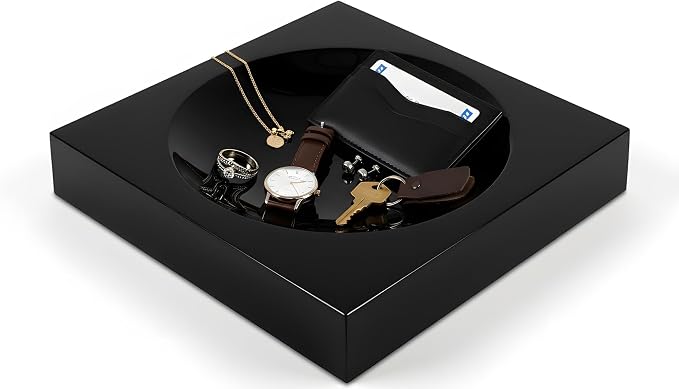 Black Acrylic Catchall Tray - Decorative Jewelry Dish & Vanity Organizer for Keys, Rings, Earrings | Modern Minimalist Home Decor for Dresser, Nightstand, Entryway
