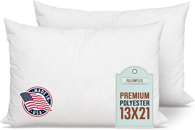 Pillowflex Premium Polyester Pillow Insert – 13x21 - Rectangle Pillow Form, Machine Washable, Soft Sham Supports, Decorative Form for Covers and Throw Pillows, Hypoallergenic - Made in USA - 2 Pack