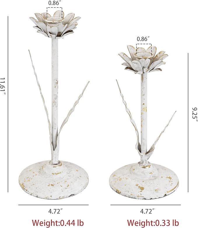 Vintage Lotus Flower Taper Candle Holders Set of 2, Distressed White Gold Metal Candlestick Stands, Rustic Farmhouse Tabletop Centerpiece for Wedding, Dining & Home Decor