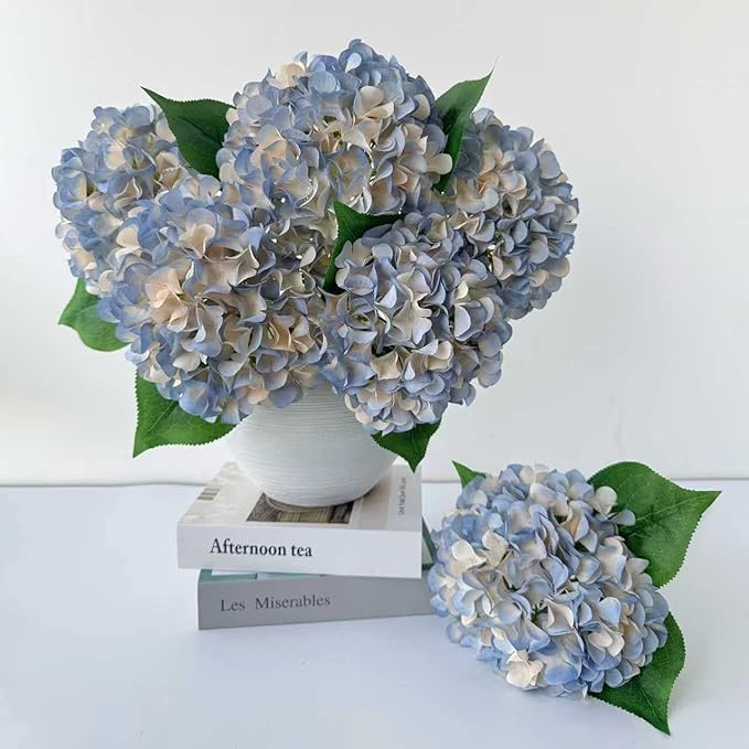 ZYTUYO 5 Pcs Dusty Blue Silk Hydrangeas Artificial Flower Boho Dried Touch 20'' Faux Hydrangeas for Indoor Home Decor Kitchen Living Room Outdoor Porch Wedding Flower Arrangement