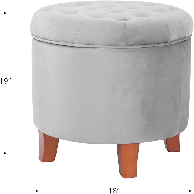 HomePop by Kinfine Fabric Upholstered Round Storage Ottoman - Velvet Button Tufted Ottoman with Removable Lid, Light Gray Small