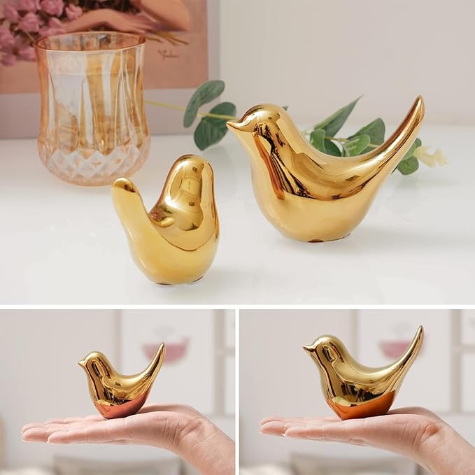 2 Pcs Ceramic Small Bird Figurines Modern Animal Statues for Home 、Room Decor and Bedroom Decor and Bookshelf Display (Gold)