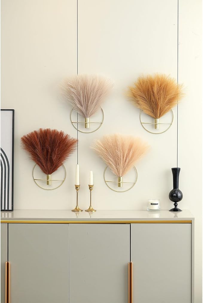 Pretty Jolly Boho Wall Decor - Hanging Artificial Pampas Display for Living Room, Bedroom, Bathroom, Dining Room - Metal Wall-Mounted Plant Art 2 Pack