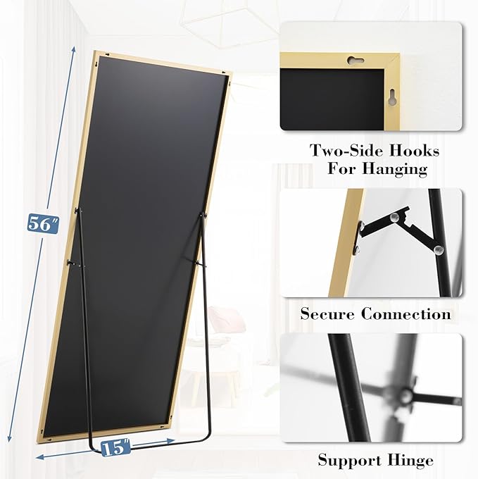 DUMOS Full Length Mirror with Stand, 56"x15" Floor Mirror with Aluminum Alloy Frame for Bedroom, Standing Full Body Mirror with Shatter-proorf Nano Glass for Wall, Living Room, Cloakroom, Gold