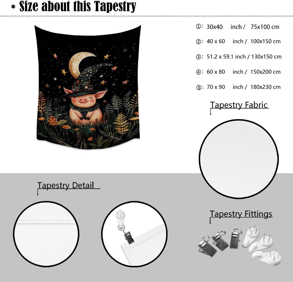 Whimsical Witch Pig Tapestry Wall Hanging Cute Farmhouse Animal Tapestry Aesthetic Moon and Stars Pictures Print Cottagecore Witchy Halloween Artwork Tapestries Decor for Living Room Bedroom 40x60inch