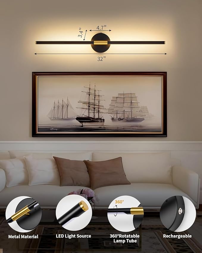 32" Battery Operated Wall Sconce Set of 2, Black Gold Wall Light | 350° Rotate, Wireless, Rechargeable, 8000mAh, Dimmable, 3000K-6000K, Remote & Touch Control, Timer, Living Room, Bedroom