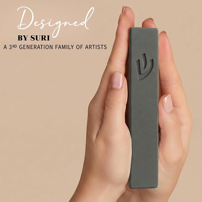 SURI Mezuzah for Door – 7 Inch Dark Gray Concrete Mezuzah Case with Non Kosher Scroll, Self-Stick Jewish Entry Design, Fits a 6 Inch Scroll, Gift Box Included