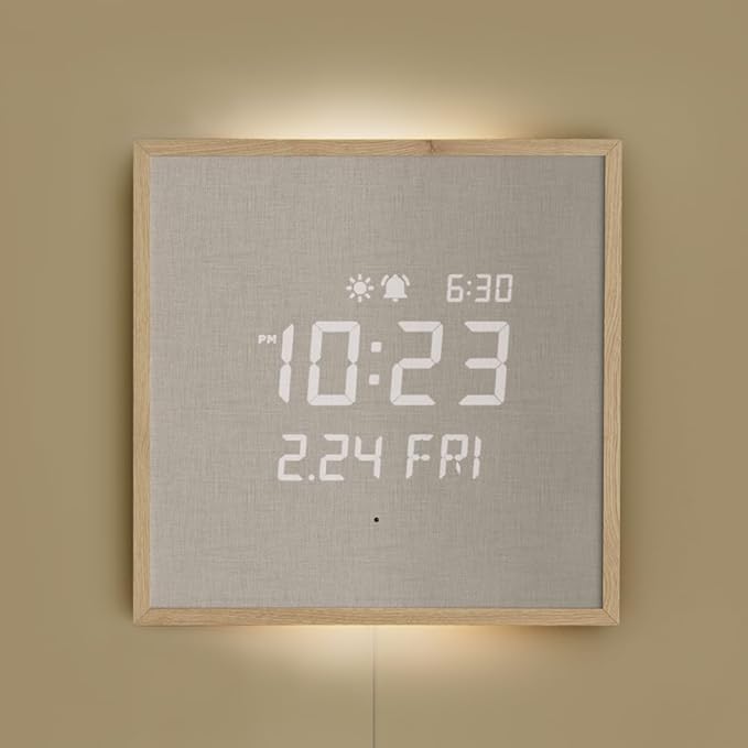 mooas Wooden Frame LED Silent Wall Clock with Remote, Backlit Nightlight, Modern Digital LED Wall Clock Display Sunrise Alarm Melody 5 Brightness for Bedroom Living Room (Wooden Frame Light Brown)