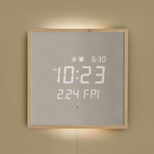 mooas Wooden Frame LED Silent Wall Clock with Remote, Backlit Nightlight, Modern Digital LED Wall Clock Display Sunrise Alarm Melody 5 Brightness for Bedroom Living Room (Wooden Frame Light Brown)