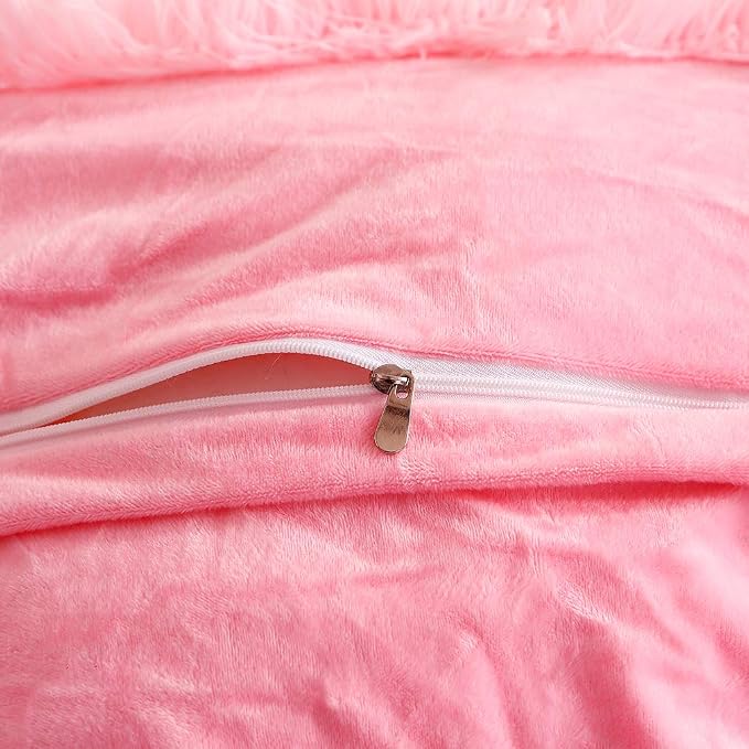 Faux Fur Velvet Fluffy Bedding Duvet Cover Set Down Comforter Quilt Cover with Pillow Shams, Ultra Soft Warm (Pink, Queen)