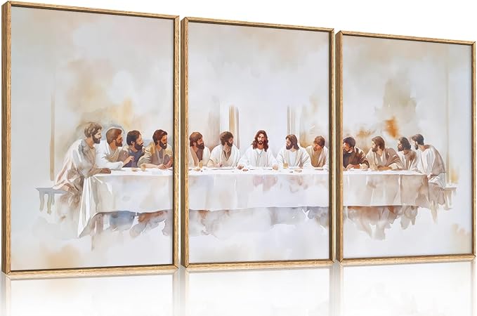 KAIRNE Jesus Last Supper Framed Canvas Wall Art Set, Christian Twelve Apostle Wall Decor, Bible Renaissance wall Painting, Religious Picture Art Print for Living Room, Bedroom, Church-24 x36 x3